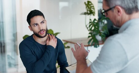 Poster - Man, physiotherapist and consultation for shoulder pain or checklist for medical support in a physical therapy clinic with patient. Physio, planning or consulting person in rehabilitation or healing