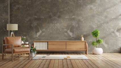 Wall Mural - Living room interior have cabinet for tv and leather armchair in cement room with concrete wall.