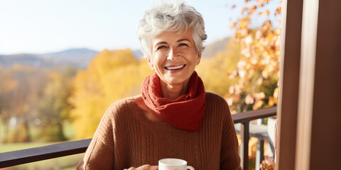 Portrait of happy senior woman smiling drinking hot coffee or tea standing outdoor on the home balcony