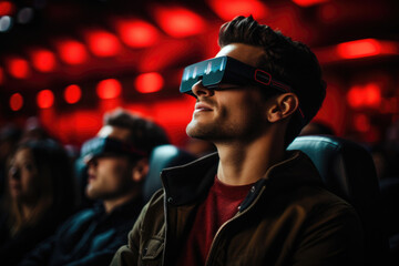 Sticker - A person wearing 3D glasses at a movie theater, representing the evolution of visual effects. Generative Ai.