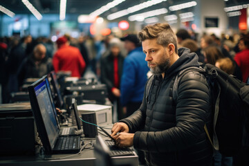 Poster - A long checkout line at a popular retail store, indicative of Black Friday crowds. Generative Ai.