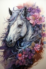  A pretty horse illustration with flowers and white background. Generative AI. 