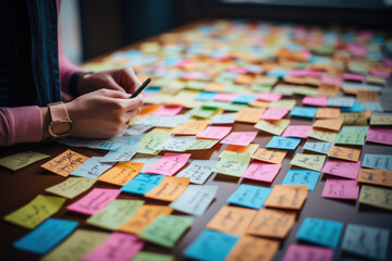 A close-up of a person's hand writing positive affirmations on sticky notes, a technique for boosting self-esteem. Generative Ai.
