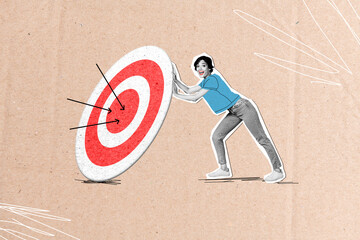 Aufkleber - Abstract composite illustration photo collage of motivated girl pull darts disc hitting bullseye isolated on creative painted background