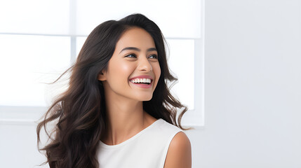 Wall Mural - portrait of a lady smiling, a smiling Asian Indian model lady, her teeth gleaming, in a pristine portrait for a dental advertisement, white Background