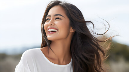 Wall Mural - portrait smile of a young Asian Indian model woman with flawless teeth, commercial, perfect for a dental ad, 