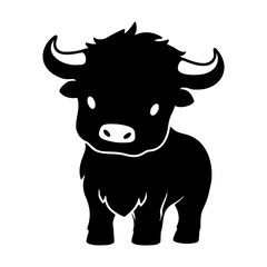 Wall Mural - Cute Highland cow silhouette. Baby cow farm animal. Simple black silhouette graphic. Cartoon style. Vector illustration on white isolated background.