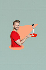 Poster - Creative retro 3d magazine collage image of happy smiling guy holding arms lady isolated grey color background