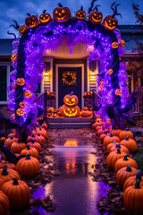 Sticker - Home decorated for Halloween with pumpkins and purple lights, night, vertical, holiday yard decor, exterior seasonal decorations