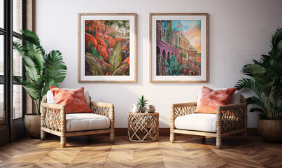 a living area featuring two framed paintings, bohemian modern interior design
