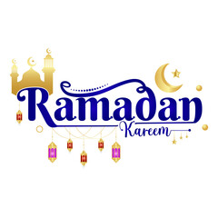 Lettering ramadan kareem islamic arabic typography text for marhaban ya ramadhan sticker with lantern mosque transparent background