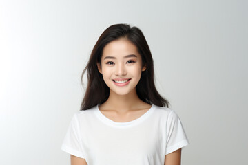 Canvas Print - Portrait of a smiling Asian woman wearing a t-shirt with standing and looking at the camera. Face of healthy woman, Lifestyle portrait photography.