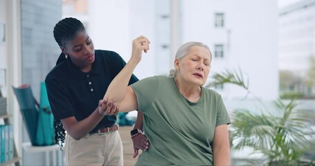 Wall Mural - Shoulder pain, breathing and chiropractor with old woman, physical therapy for patient and healthcare worker at clinic. Help, wellness and arthritis, retirement and health with physio and senior care