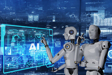 Wall Mural - AI Robot thinking idea brains intelligence computer Industrial technology Arm Robot AI Box product manufacturing industry technology export import future Products food cosmetics apparel warehouse	