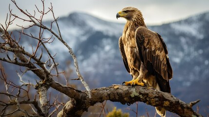 Wall Mural - An eagle perched on a tree branch at the edge of a mountain