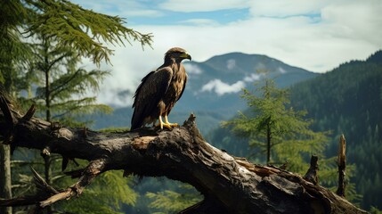 Wall Mural - An eagle perched on a tree branch at the edge of a mountain