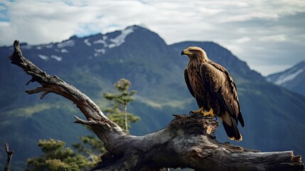 Wall Mural - An eagle perched on a tree branch at the edge of a mountain