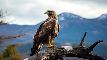 Wall Mural - An eagle perched on a tree branch at the edge of a mountain