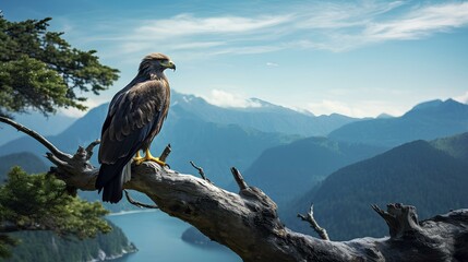 Wall Mural - An eagle perched on a tree branch at the edge of a mountain