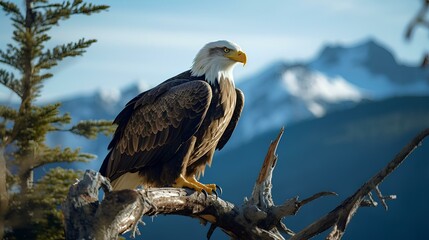 Wall Mural - An eagle perched on a tree branch at the edge of a mountain