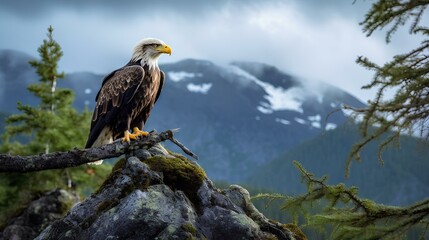 Wall Mural - An eagle perched on a tree branch at the edge of a mountain