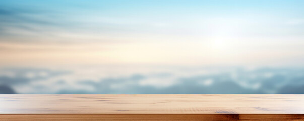 Poster - Empty wooden table over blurred blue sky with clouds background, product display montage. High quality photo
