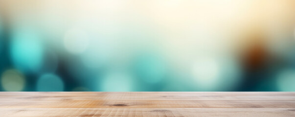 Poster - Wooden table in front of abstract blurred bokeh light green and sunshine background. High quality photo