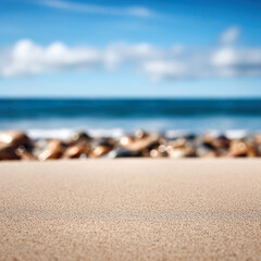 Wall Mural - Empty sandy beach with blurred background of pebbles, stones and beach. High quality photo