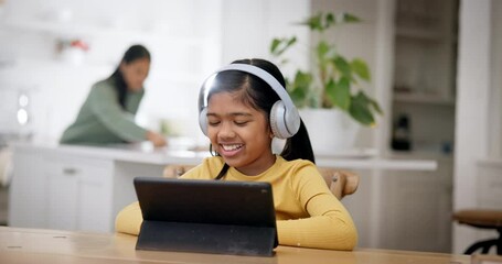 Wall Mural - Tablet, child and laugh with headphones for online education, home school and learning. Web class, smile and young girl with audio and happy from student streaming a kids video for study in a house