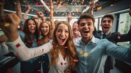 Happy diverse employees team celebrating success business achievement among confetti in modern office, Business success concept.