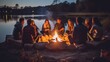 a group of friends relaxing by a campfire during a lakeside picnic, their backs facing the camera. 