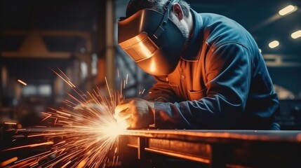 Male welder is welding metal at factory.