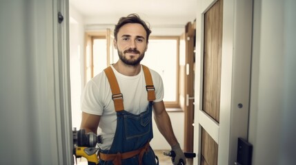 Poster - Male Carpenter Repairing Door Lock At Home Under Construction.