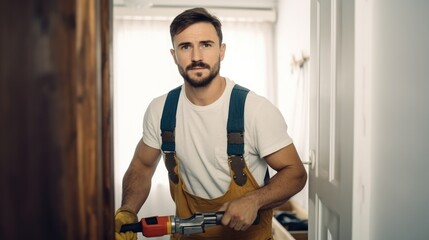 Poster - Male Carpenter Repairing Door Lock At Home Under Construction.