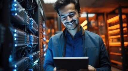 Poster - Happy engineering person on digital software and hardware solution in data room, Programming or coding for cybersecurity.