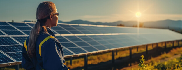 Poster - Workers at a renewable energy plan, Young woman working in solar power station.