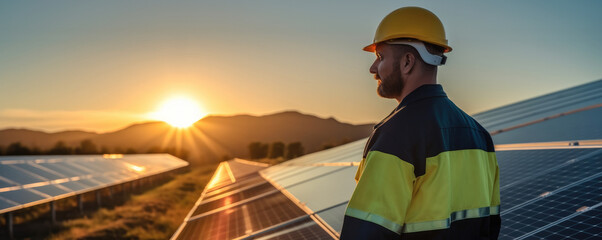 Poster - Workers at a renewable energy plan, Man working in solar power station.