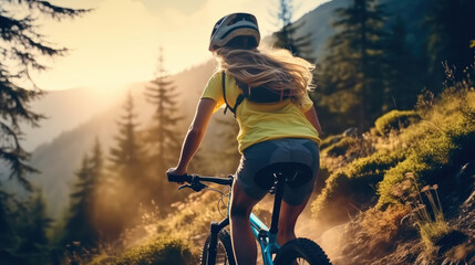 Canvas Print - Mountain biking woman riding on bike in forest at mountain.