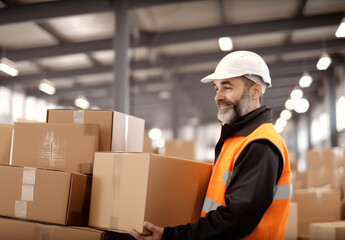 Aufkleber - Warehouse worker with cardboard boxes are working at large warehouse, Inventory control, Order fulfillment or space optimization.