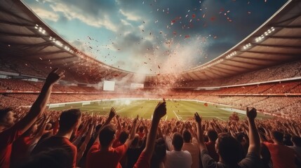 Wall Mural - Happy cheering crowd inside soccer stadium.