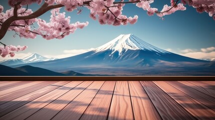 Aufkleber - Wooden table with Fuji mountain and cherry blossom background.