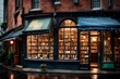A quaint bookshop's rainy windowpane in twilight.
