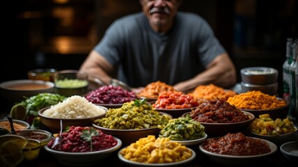 Mexican and Latino young adult, preparing tacos at his taqueria stand, ready to serve his customers and enjoy their typical Mexican food