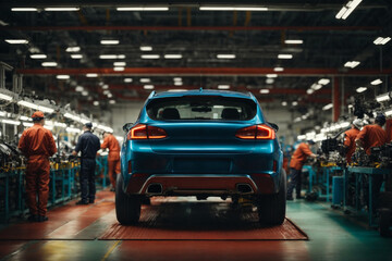 Back view of a car at the Automobile factory