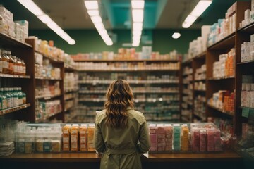 Rear view of woman looking at shelves with medicines in drugstore