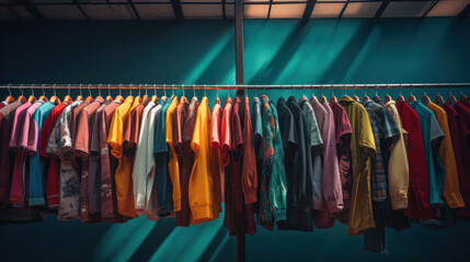 Wall Mural - Colorful clothes hanging on rack on dark background.