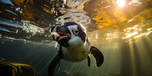 Penguin Swimming In Water With Bubbles. African Penguin. Spheniscus Demersus. Cape Penguin Or South African Penguin. Stock Photo 