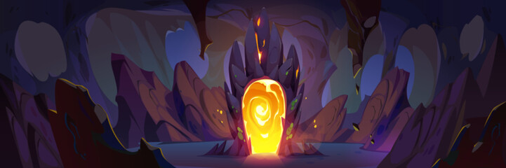 Wall Mural - mine cave inside fantasy game cartoon background. dark underground rock cavern with gold magic porta
