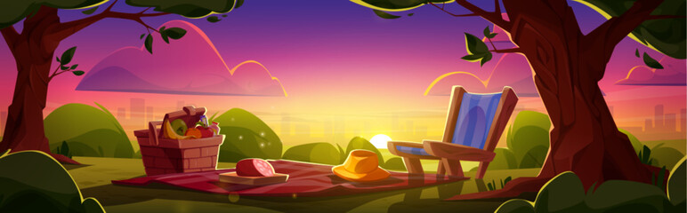 Picnic setup at sunset or sunrise against skyline of town multistory buildings. Fruits in wicker basket, ham and hat on blanket and lounge chair. Leisure with food in city park - cartoon vector.