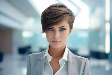 Wall Mural - Young businesswoman with short hair at her office